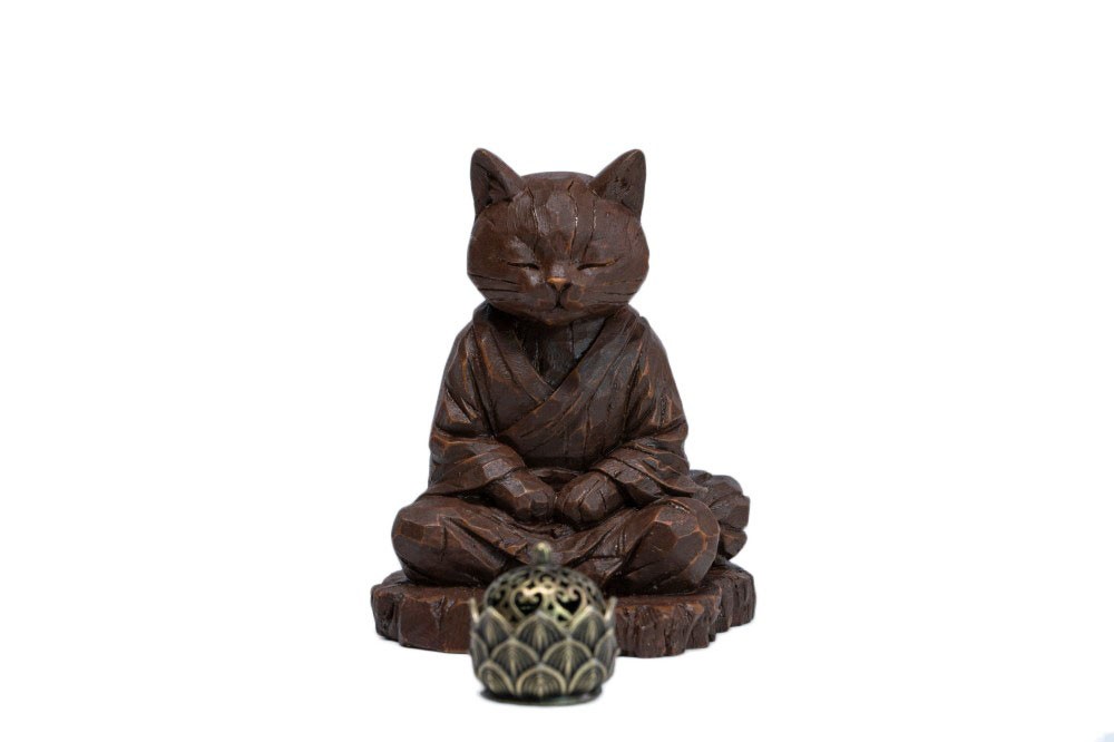 Headcrest Headcrest Zen Cat Wood-Carved Style Figure C รูปภาพ 2
