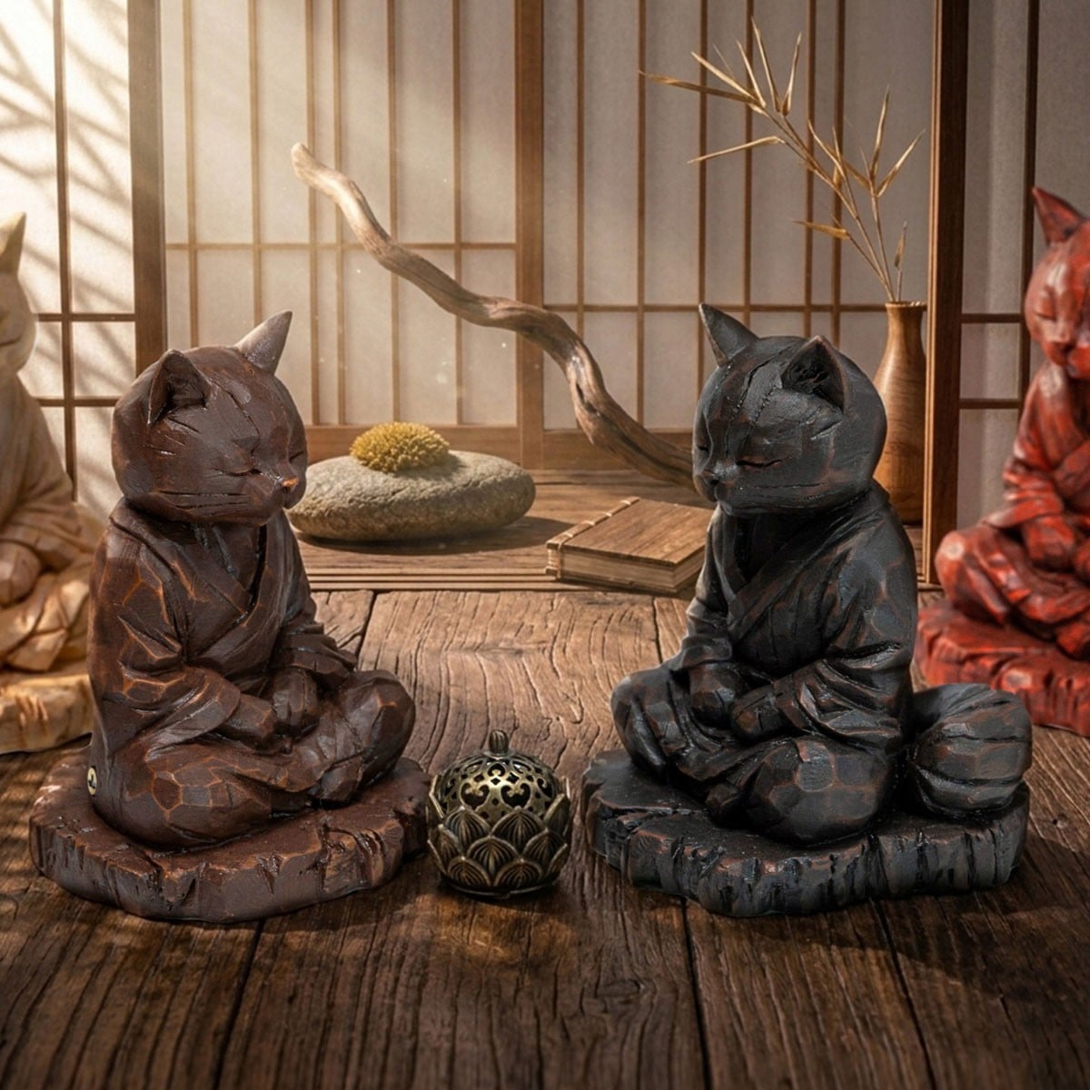 Headcrest Headcrest Zen Cat Wood-Carved Style Figure D รูปภาพ 8