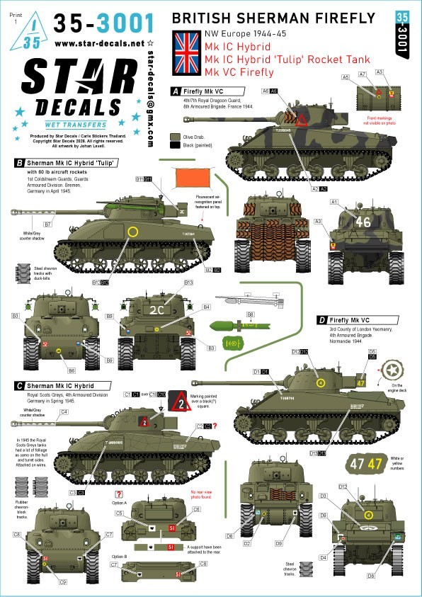 Star Decals British Sherman Firefly. NW Europe in 194-45.. Mk IC Hybrid, Mk IC Hybrid `Tulip` rocket tank, Mk VC Firefly. (Decal) gambar 2