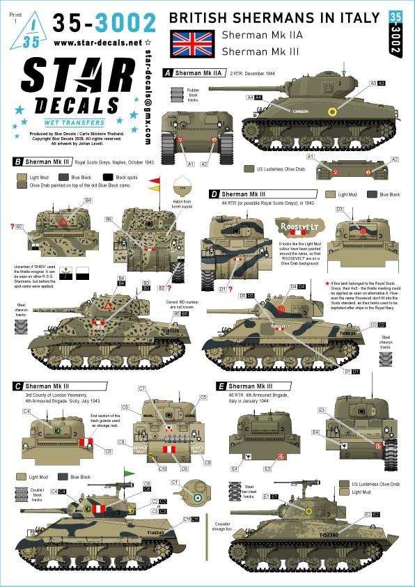 Star Decals British Sherman in Italy. Sherman Mk IIA and Sherman Mk III. 2 RTR, Royal Scots Greys, 44 RTR, 46 RTR, 3rd County of London Yeomanry, (Decal) gambar 2