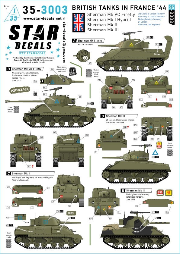 Star Decals British Tanks in France `44. Sherman Mk VC Firefly, Sherman Mk I Hybrid, Sherman Mk II and Sherman Mk III. (Decal) gambar 2