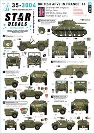 Star Decals British AFVs in France `44. Sherman Mk I Hybrid, Willys-Jeep, M3 White Scout Car, Humber Scout Car. (Decal)