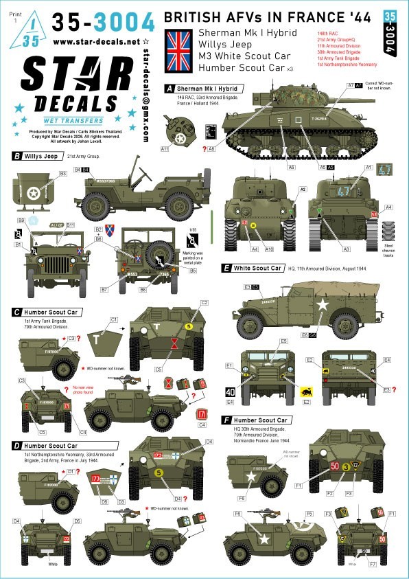 Star Decals British AFVs in France `44. Sherman Mk I Hybrid, Willys-Jeep, M3 White Scout Car, Humber Scout Car. (Decal) gambar 2