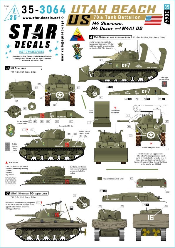 Star Decals US 70th Tank Battalion - Utah-Beach. M4 Sherman, M4 Sherman Dozer Tank and M4A1 DD Sherman. (Decal) gambar 2