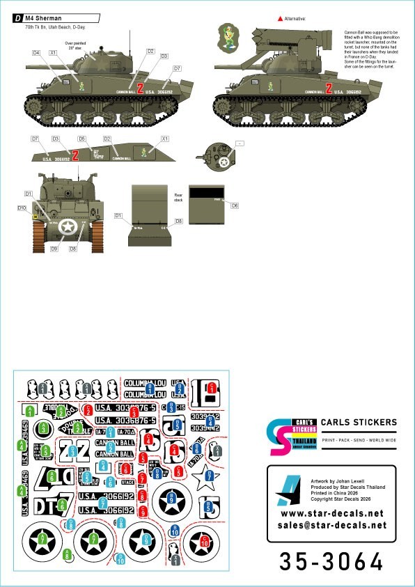 Star Decals US 70th Tank Battalion - Utah-Beach. M4 Sherman, M4 Sherman Dozer Tank and M4A1 DD Sherman. (Decal) gambar 3
