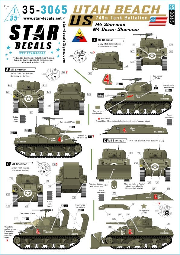 Star Decals US 746th Tank Battalion - Utah-Beach. M4 Sherman and M4 Sherman Dozer Tank. (Decal) gambar 2