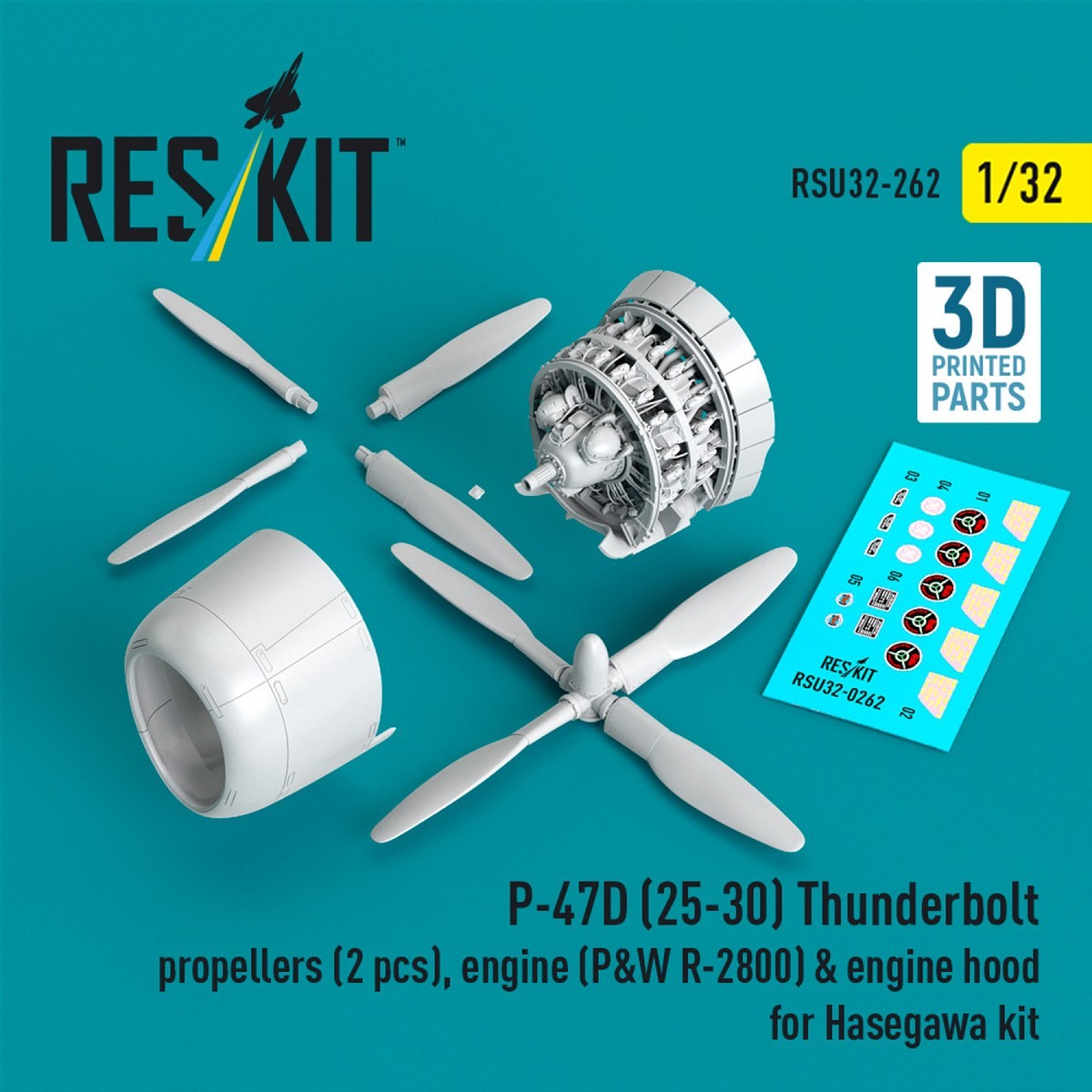 Reskit P-47D (25-30) Thunderbolt Propellers (2 pcs), Engine (P&amp;W R-2800) &amp; Engine Hood (for Hasegawa) (Plastic model) image 2