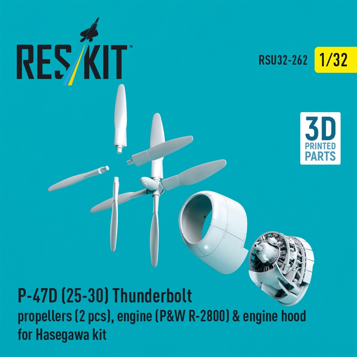Reskit P-47D (25-30) Thunderbolt Propellers (2 pcs), Engine (P&amp;W R-2800) &amp; Engine Hood (for Hasegawa) (Plastic model) image 3