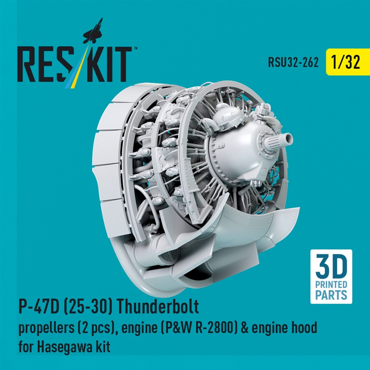 Reskit P-47D (25-30) Thunderbolt Propellers (2 pcs), Engine (P&amp;W R-2800) &amp; Engine Hood (for Hasegawa) (Plastic model) image 4