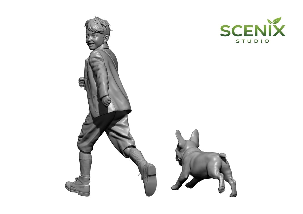 SCENIX Studio Kind & Welpe (2) Rennender französischer Junge und französische Bulldogge (Plastikmodell) Bild 5