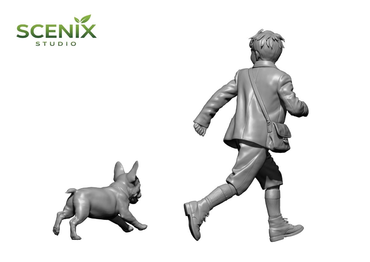 SCENIX Studio Kind & Welpe (2) Rennender französischer Junge und französische Bulldogge (Plastikmodell) Bild 6