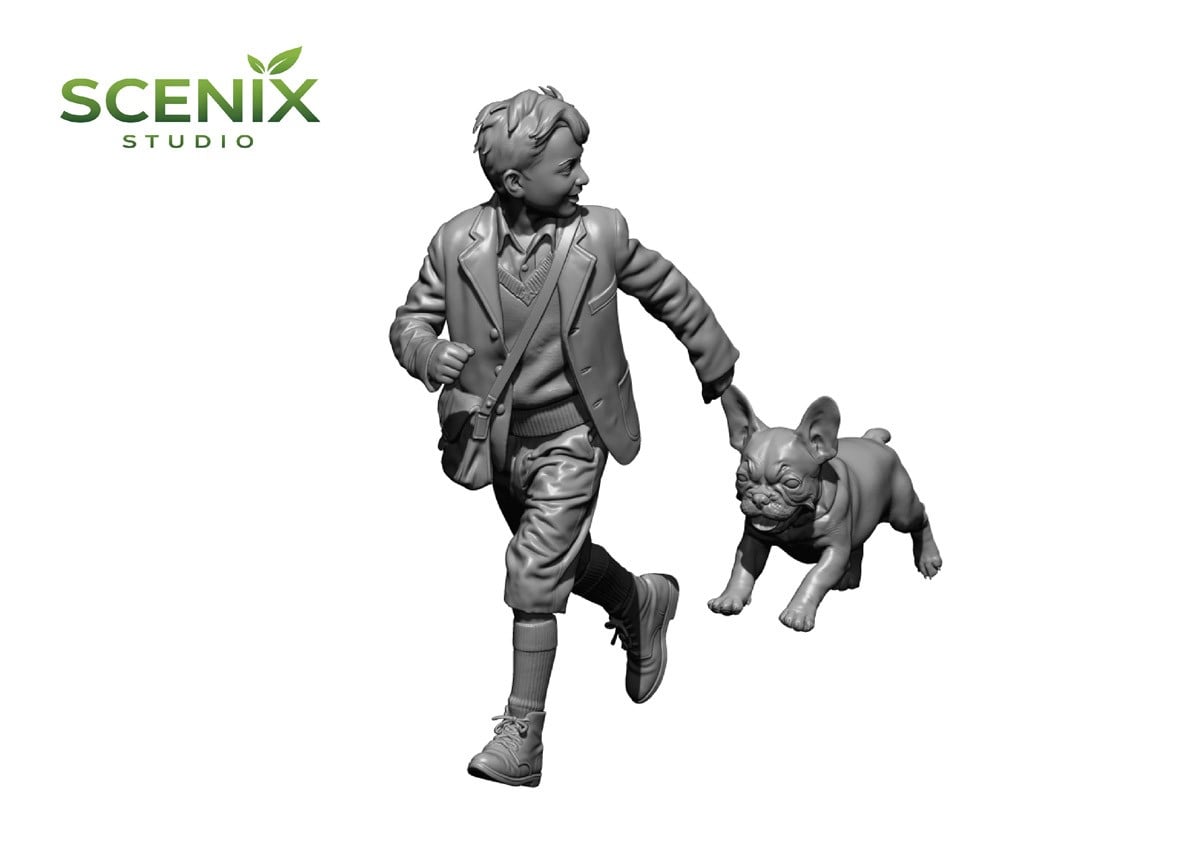 SCENIX Studio Kind & Welpe (2) Rennender französischer Junge und französische Bulldogge (Plastikmodell) Bild 7
