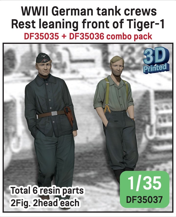Def.Model WWII German tank crews set rest leaning front of Tiger-1 (2Fig. 4head) (Plastic model) image 2