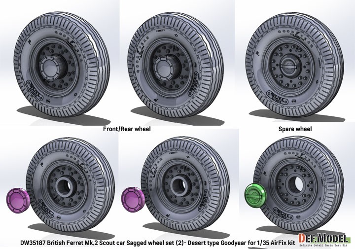 Def.Model British Ferret Mk.2 Scaut car Sagged wheel set (2) Desert type - Good year (for Airfix) gambar 3