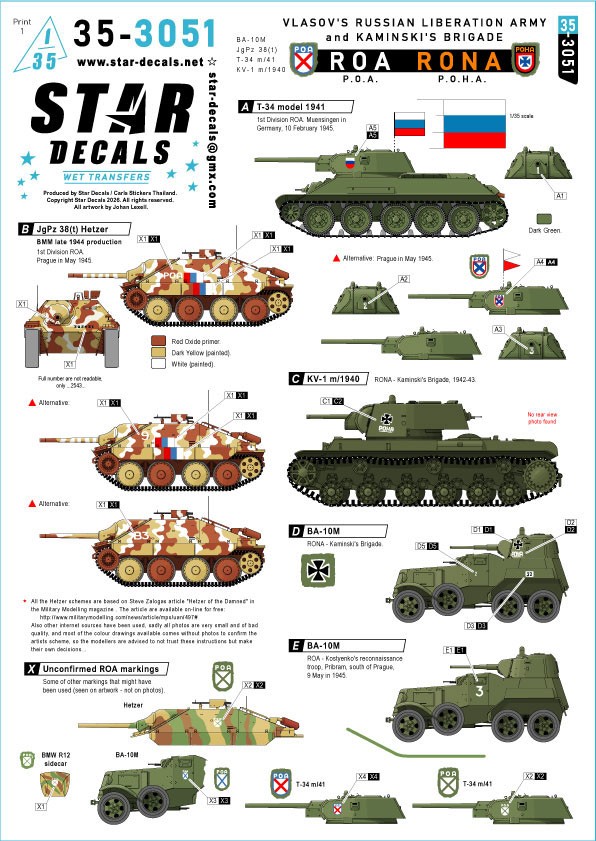 Star Decals ROA / RONA. Vlasov`s Russian Liberation Army and Kaminski`s Brigade. BA-10M, Hetzer, T-34 m/1941, KV-1 m/1941 gambar 2