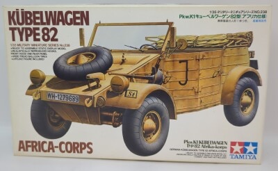 TAMIYA 1/35 Military Miniature series No. 238 Pkw.K1 Kubelwagen Type 82 (African Specification) with 1 figure in tropical clothing.
