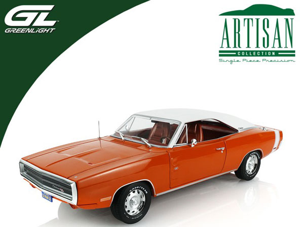 GreenLight 1/18 Artisan Collection - 1970 Charger R/T SE - EK2 Go Mango with White Vinyl Top & Bee Stripe