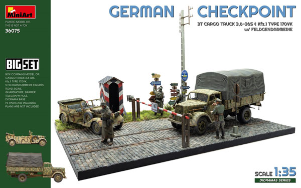 Mini Art 1/35 German Army Checkpoint 3t Cargo Truck 3.6-36S & Kfz.1 Type 170VK w/Feldgendarmarie Big Set Plastic Model